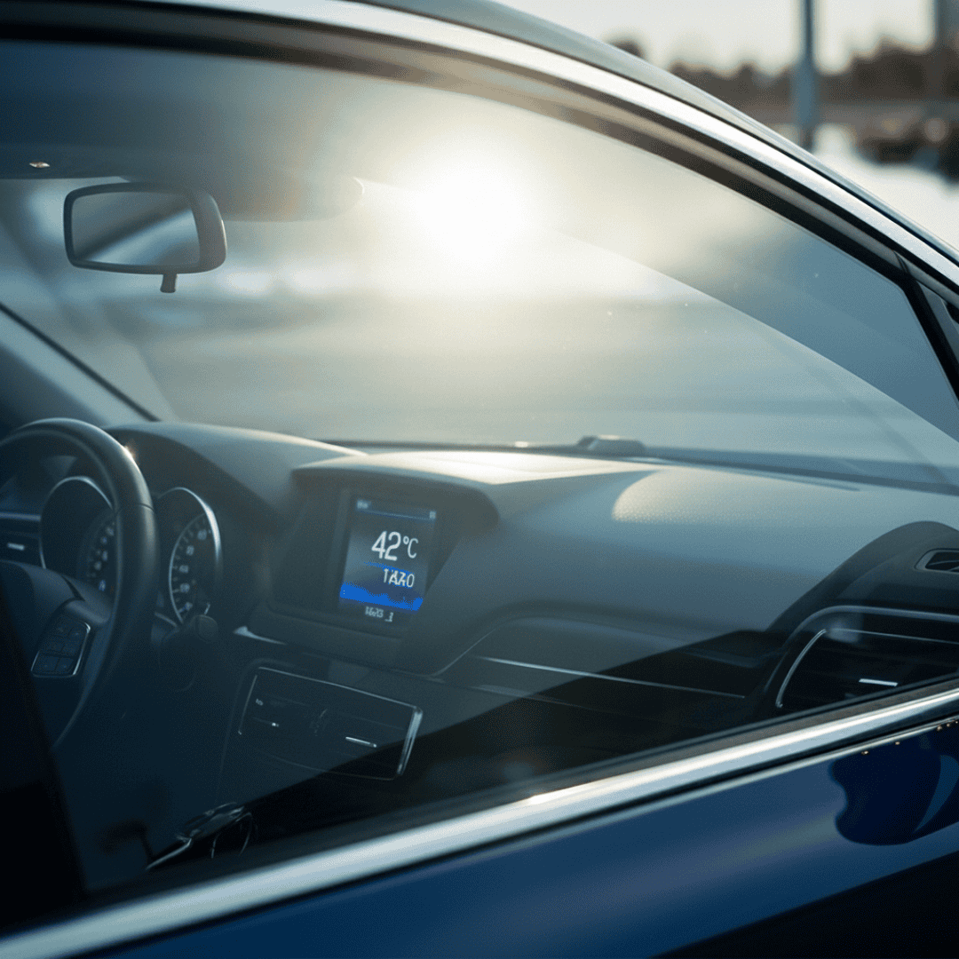 قبل التركيب  الزجاج يسمح بدخول حرارة الشمس والأشعة الضارة، مما يرفع حرارة السيارة ويؤثر على التابلوه والجلد.